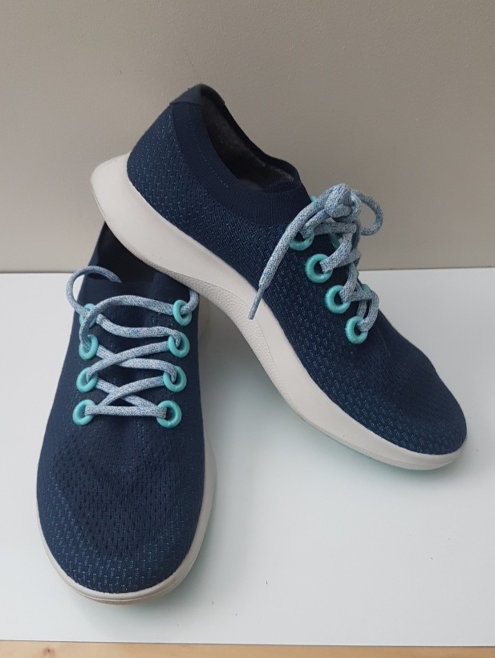 Allbirds Tree Dashers in Navy Knit Slip-On Sneakers with Aqua Eyelets